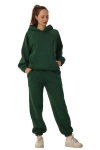 Kadın Kapüşonlu İçi Polarlı Beli Ve Paçası Lastikli Eşofman Takımı Haki