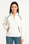 Kadın Oversize Dik Yaka Fermuarlı Sweatshirt - Zincir Nakışli Kanguru Cepli, - Beyaz