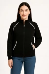 Kadın Oversize Dik Yaka Fermuarlı Sweatshirt - Zincir Nakışli Kanguru Cepli, - Siyah