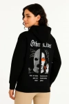 Kadın Kapşonlu Sweatshirt – Oversize Üç İplik Şardonlu Hoodie, “Other Lives” Ön & Arka Baskılı, Kanguru Cepli, Kışlık Rahat Günlük Stil- Siyah