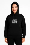 Kadın Kapşonlu Sweatshirt – Oversize Üç İplik Şardonlu Hoodie, “West Coast Classics” Ön & Arka Baskılı, Kanguru Cepli Kışlık Günlük Stil - Siyah