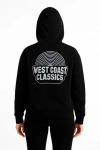 Kadın Kapşonlu Sweatshirt – Oversize Üç İplik Şardonlu Hoodie, “West Coast Classics” Ön & Arka Baskılı, Kanguru Cepli Kışlık Günlük Stil - Siyah