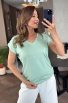 Kadın V Yaka Basic Pamuklu T-Shirt Mint Yeşili