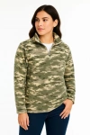 Kadın Yarım Fermuarlı Desenli Polar Sweat – Haki Kamuflaj Yakalı, Uzun Kollu, Oversize Rahat Kalıp - Haki