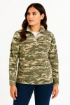 Kadın Yarım Fermuarlı Desenli Polar Sweat – Haki Kamuflaj Yakalı, Uzun Kollu, Oversize Rahat Kalıp - Haki