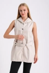 Kapüşonlu Beli Kuşaklı Su Geçirmez Kadın Yelek Krem Ekru Renkli