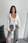 Keten Uzun Kol Bağacık Detaylı Bluz - Beyaz