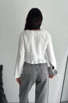 Keten Uzun Kol Bağacık Detaylı Bluz - Beyaz