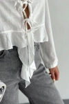 Keten Uzun Kol Bağacık Detaylı Bluz - Beyaz