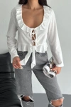Keten Uzun Kol Bağacık Detaylı Bluz - Beyaz