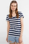 Lacivert V Yaka Çizgili Kısa Kollu Kadın Tişört