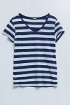 Lacivert V Yaka Çizgili Kısa Kollu Kadın Tişört