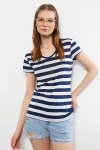 Lacivert V Yaka Çizgili Kısa Kollu Kadın Tişört