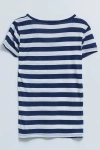 Lacivert V Yaka Çizgili Kısa Kollu Kadın Tişört
