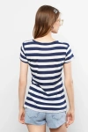Lacivert V Yaka Çizgili Kısa Kollu Kadın Tişört