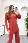 Yazlık Fitilli Triko Bol Paça İkili Takım Bluz - Pantolon Bordo