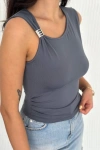 Osy Modal Yumuşak Dokulu Kumaş Bisiklet Yaka Kadın Sıfır Kol Bluz Omuz Toka Aksesuar Detaylı - Antrasit