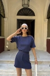 Osy Modal yumuşak dokulu Kumaş Kadın Parçalı Bisiklet Yaka T-shirt Mini Şortlu Etek İkili Takım -Lacivert
