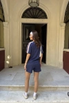 Osy Modal yumuşak dokulu Kumaş Kadın Parçalı Bisiklet Yaka T-shirt Mini Şortlu Etek İkili Takım -Lacivert