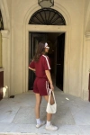 Osy Modal yumuşak dokulu Kumaş Kadın Parçalı Bisiklet Yaka T-shirt Mini Şortlu Etek İkili Takım -Bordo