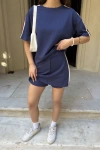 Osy Modal yumuşak dokulu Kumaş Kadın Parçalı Bisiklet Yaka T-shirt Mini Şortlu Etek İkili Takım -Lacivert