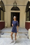 Osy Modal yumuşak dokulu Kumaş Kadın Parçalı Bisiklet Yaka T-shirt Mini Şortlu Etek İkili Takım -Lacivert