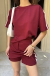 Osy Modal yumuşak dokulu Kumaş Kadın Parçalı Bisiklet Yaka T-shirt Mini Şortlu Etek İkili Takım -Bordo