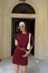 Osy Modal yumuşak dokulu Kumaş Kadın Parçalı Bisiklet Yaka T-shirt Mini Şortlu Etek İkili Takım -Bordo
