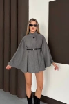 Şık Füme Kaşe Panço Ceket - 100CM Kuşaklı Boğazlı Pelerin Model
