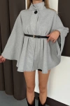 Şık Gri Kaşe Panço Ceket - 100CM Kuşaklı Boğazlı Pelerin Model