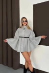 Şık Gri Kaşe Panço Ceket - 100CM Kuşaklı Boğazlı Pelerin Model