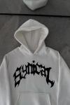 Üç İplik Kapüşonlu Baskılı Oversize SweatShirt- Beyaz