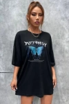 Unisex Baskılı Oversize T-Shirt - Siyah