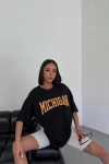 Unisex Bisiklet Yaka Baskılı Oversize T-Shirt - Siyah
