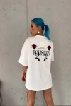 Unisex Bisiklet Yaka Baskılı Oversize T-Shirt - Beyaz