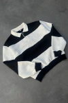 Unisex Üç İplik Parçalı Yakalı SweatShirt - Siyah