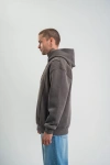 Unisex Uzun Kol Kapşonlu Yıkamalı Nakışlı SweatShirt - Füme