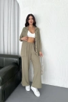 Yakalı Düğmeli Uzun Kollu Gömlek Pantolon ikili Takım - Bej