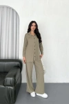 Yakalı Düğmeli Uzun Kollu Gömlek Pantolon ikili Takım - Bej
