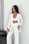 Yakalı Düğmeli Uzun Kollu Gömlek Pantolon ikili Takım - Beyaz