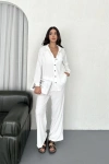 Yakalı Düğmeli Uzun Kollu Gömlek Pantolon ikili Takım - Beyaz