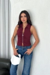Yakalı Tam Fermuarlı Kolsuz Bluz - Bordo
