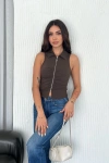 Yakalı Tam Fermuarlı Kolsuz Bluz - Kahverengi