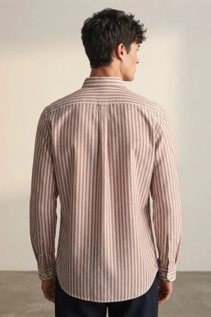 Erkek Kalın Çizgili Keten Regular Fit Gömlek - Beyaz/Bordo