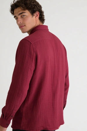 Erkek Müslin Regular Fit Gömlek - Bordo