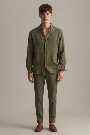 Erkek Müslin Regular Fit Gömlek - Haki