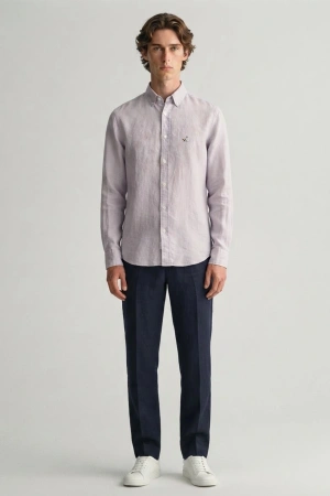 Erkek Premium %100 Linen (Keten) Regular Fit Yaka Düğmeli Gömlek - Lila