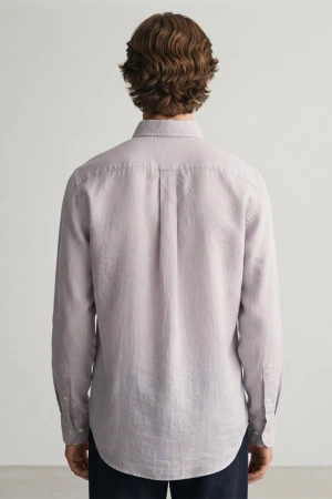 Erkek Premium %100 Linen (Keten) Regular Fit Yaka Düğmeli Gömlek - Lila