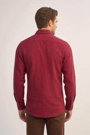 Erkek Regular Fit Yazlık Keten Gömlek Bordo