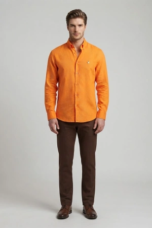 Erkek Regular Fit Yazlık Keten Gömlek Turuncu